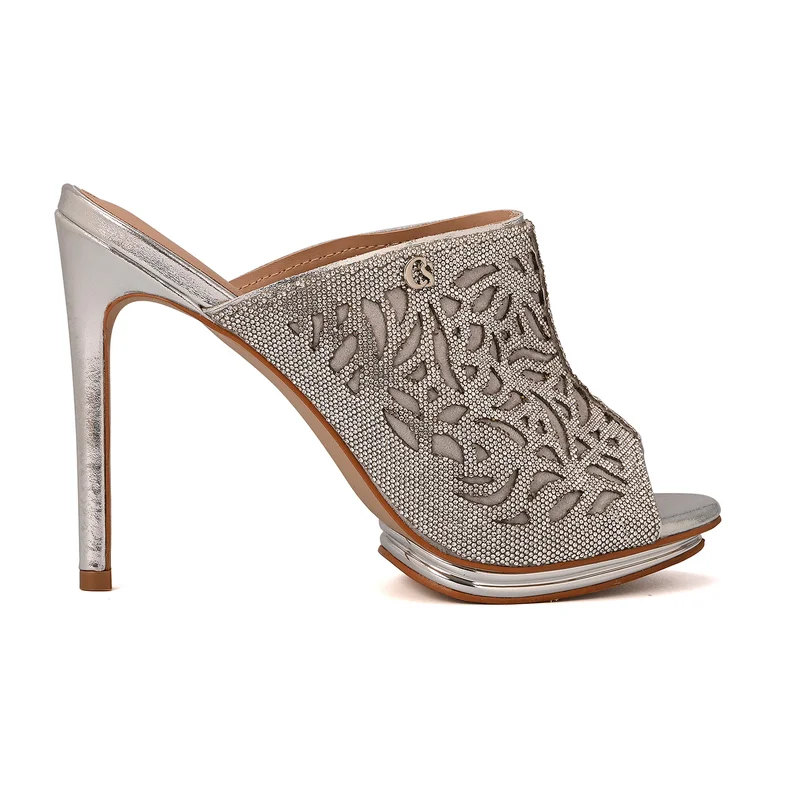 High Heel Mules with Laser Cutouts in Aluminum Silver