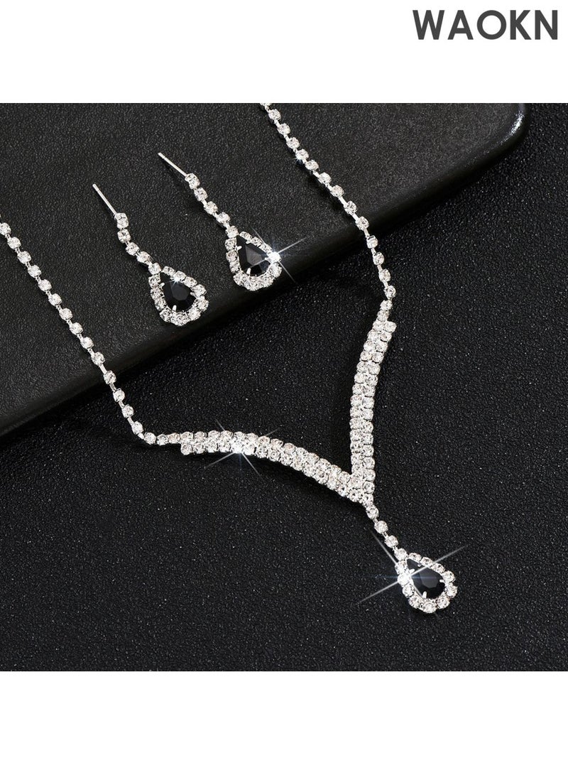 WAOKN 3 Pcs Zircon Necklace Earrings Set ,Ear Drop Dangle Diamond Bridal Dress Accessories ,Elegant and Noble Jewelry Gift , Suitable for travel souvenirs, birthday gifts , Fashionable and trendy, classic and versatile ,black . - Image 2