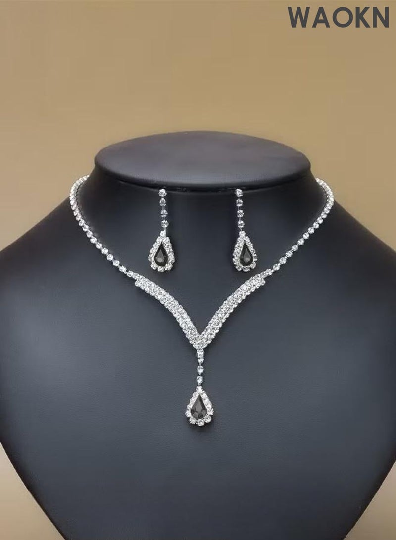 WAOKN 3 Pcs Zircon Necklace Earrings Set ,Ear Drop Dangle Diamond Bridal Dress Accessories ,Elegant and Noble Jewelry Gift , Suitable for travel souvenirs, birthday gifts , Fashionable and trendy, classic and versatile ,black . - Image 1