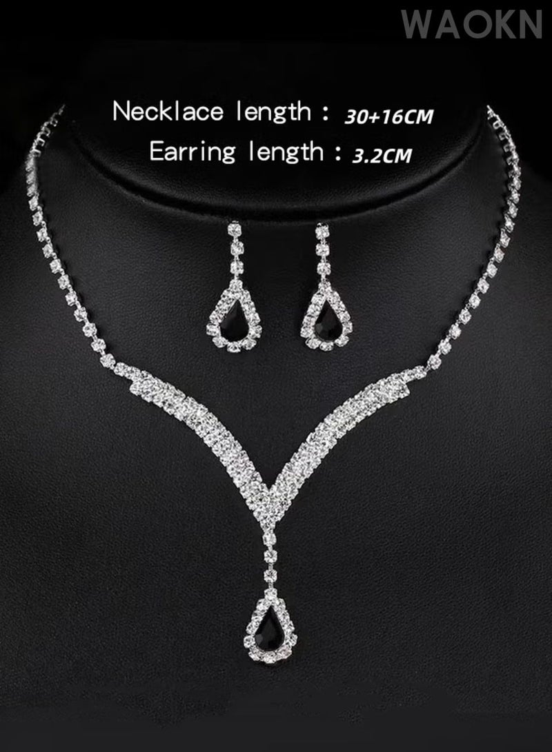 WAOKN 3 Pcs Zircon Necklace Earrings Set ,Ear Drop Dangle Diamond Bridal Dress Accessories ,Elegant and Noble Jewelry Gift , Suitable for travel souvenirs, birthday gifts , Fashionable and trendy, classic and versatile ,black . - Image 3