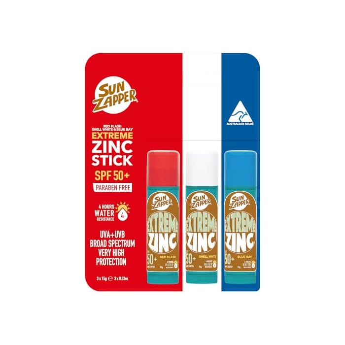 Sun Zapper Extreme Zinc Sunscreen Stick 3-Pack SPF 50+ Red White Blue – Colored Water Resistant Mineral Sunscreen Sticks for Face, Surf Sunblock, 15g (0.53 oz) Each, Australian Made