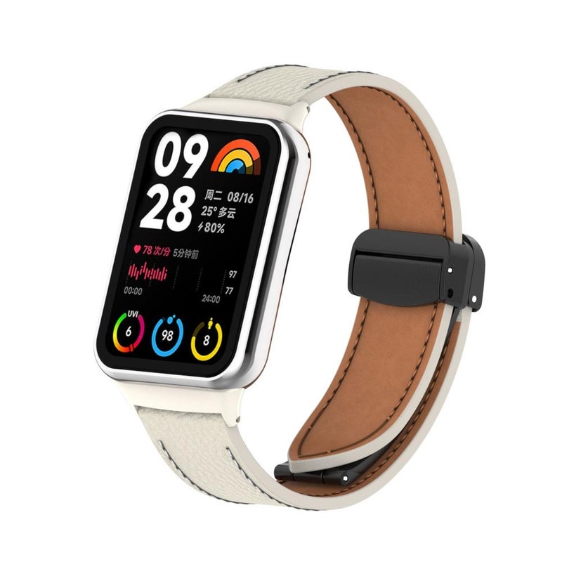 إيروريكس لساعة شاومي الذكية 9 برو / ريدمي واتش 5، سوار ساعة جلدي مغناطيسي أسود اللون من الليتشي (أبيض) - Image 1