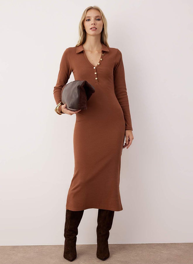 trendyol Brown Button Polo Neck Bodycone/Fitted Ribbed Stretchy Maxi Knitted Dress - Image 1