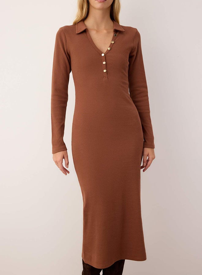 trendyol Brown Button Polo Neck Bodycone/Fitted Ribbed Stretchy Maxi Knitted Dress - Image 3
