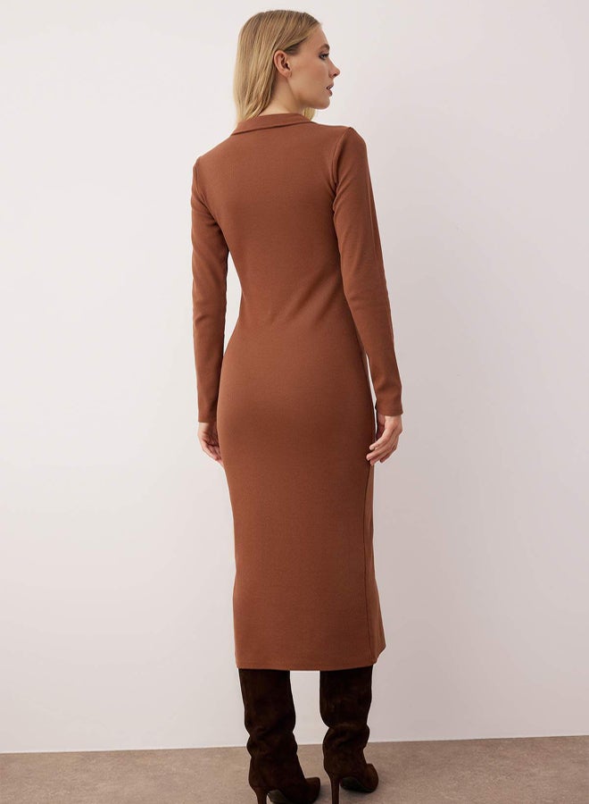 trendyol Brown Button Polo Neck Bodycone/Fitted Ribbed Stretchy Maxi Knitted Dress - Image 4