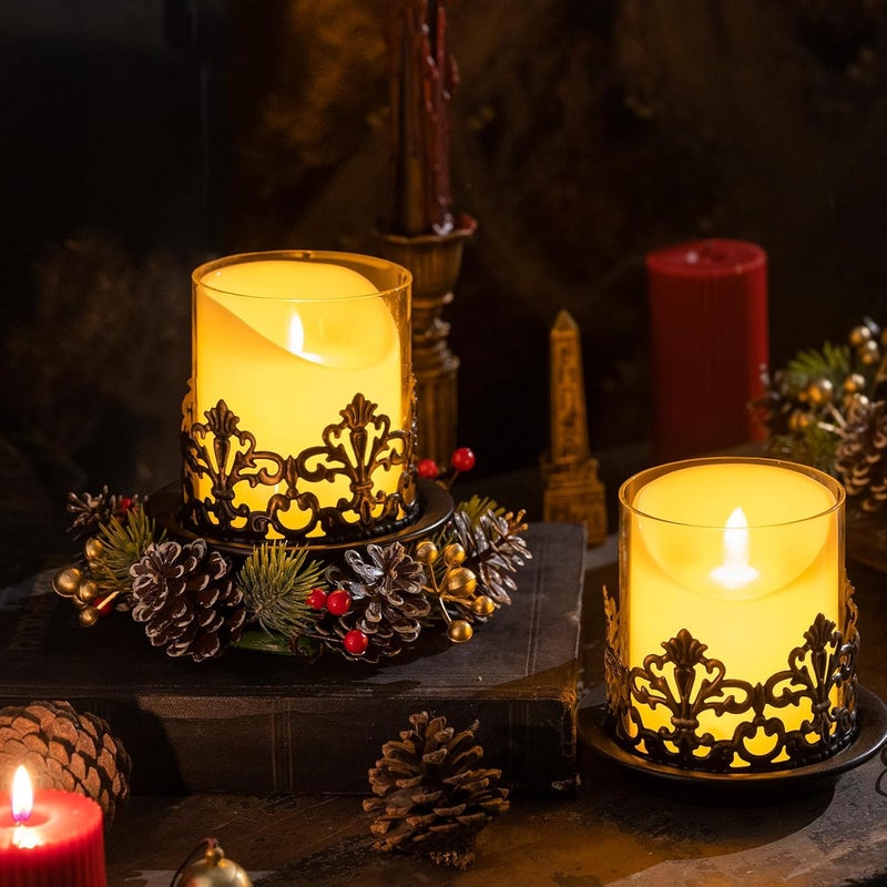 WOPARTY Vintage Gothic Glass Hurricane Candle Holders, Black Metal Base with Gold Accents, Clear Glass Sleeve, 4.3x4 Inch, Set of 2, for Pillar Candles - Image 3