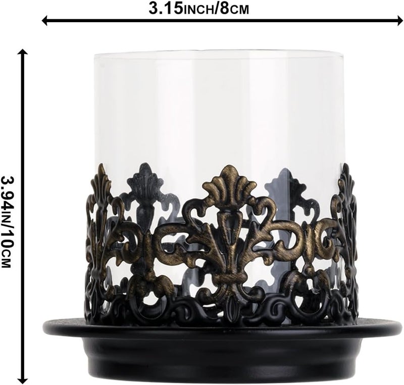 WOPARTY Vintage Gothic Glass Hurricane Candle Holders, Black Metal Base with Gold Accents, Clear Glass Sleeve, 4.3x4 Inch, Set of 2, for Pillar Candles - Image 5