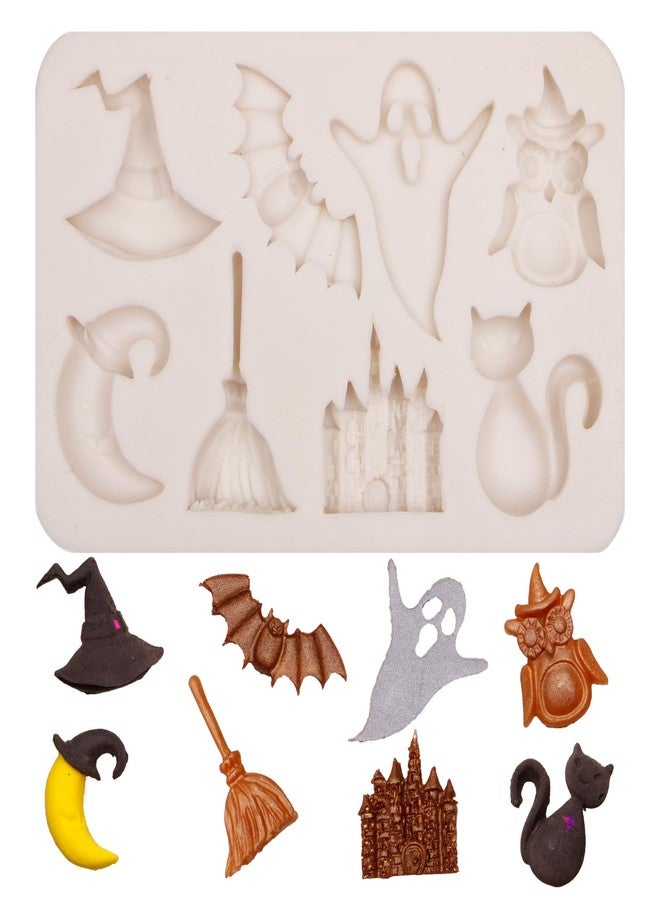 Caregene Witch Hat Moon Magic Fairy Castle Fondant Mold, Halloween Ghost Bat Owl Cat Silicone Chocolate Molds for Cake Decoration Cupcake Topper Candy Gum Paste Sugar Craft Clay Resin - Image 1