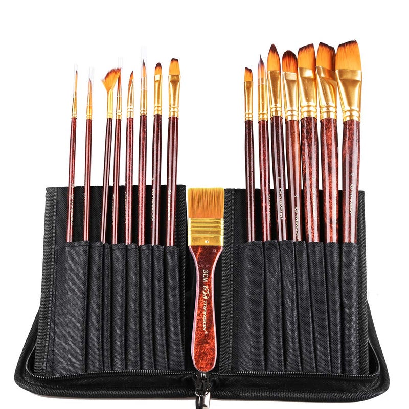 Transon 16pcs Professional Long Artist Paint Brush Set with Brush Case Assorted for Acrylic Watercolor Gouache Oil Tempera and Body Painting - Image 1