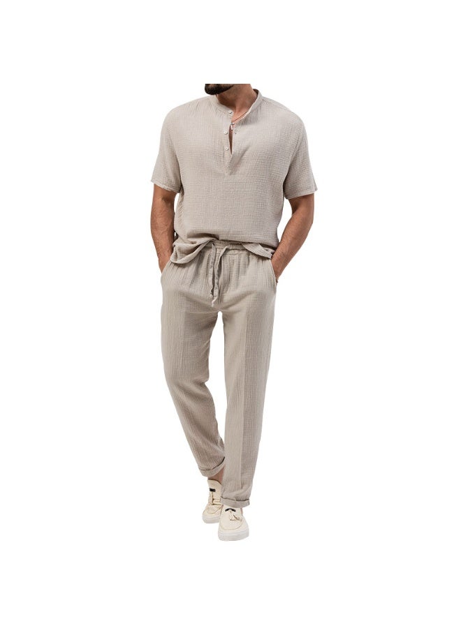 Men's Casual Pure Color T-Shirt Short Sleeve Shirt Pants Set Thin Summer - Image 1