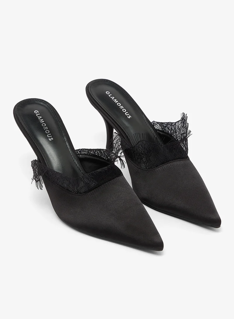 Glamorous BLACK SATIN Casual Mule Heeled Sandals for Women | Best Price UAE