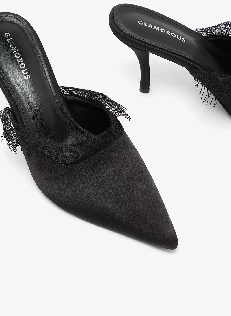 Glamorous BLACK SATIN Casual Mule Heeled Sandals for Women | Best Price UAE