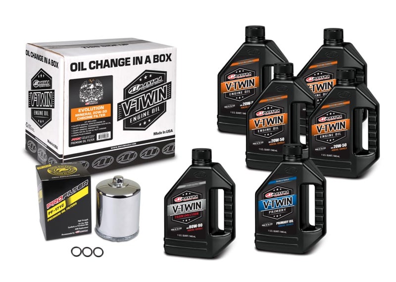 Maxima VTwin Oil Change Kit Mineral wChrome Filter Evolution