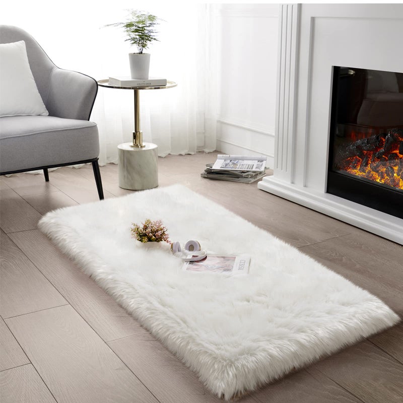 SERISSA Ultra Soft Faux Fur Area Rug White Fluffy Rug Plush Chair Cover Seat Pad Fuzzy Carpet Furry Besides Rug for Bedroom Floor Sofa Living Room 2x4 Feet Rectangular White