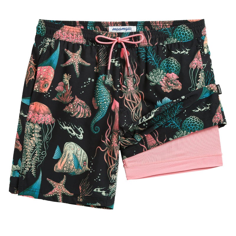 maamgic Mens Swim Trunks with Compression Liner 7 Inch Inseam Mens Bathing Suit Quick Dry Swimming Trunks Swimsuit Submarine Pink Black Large - Image 1