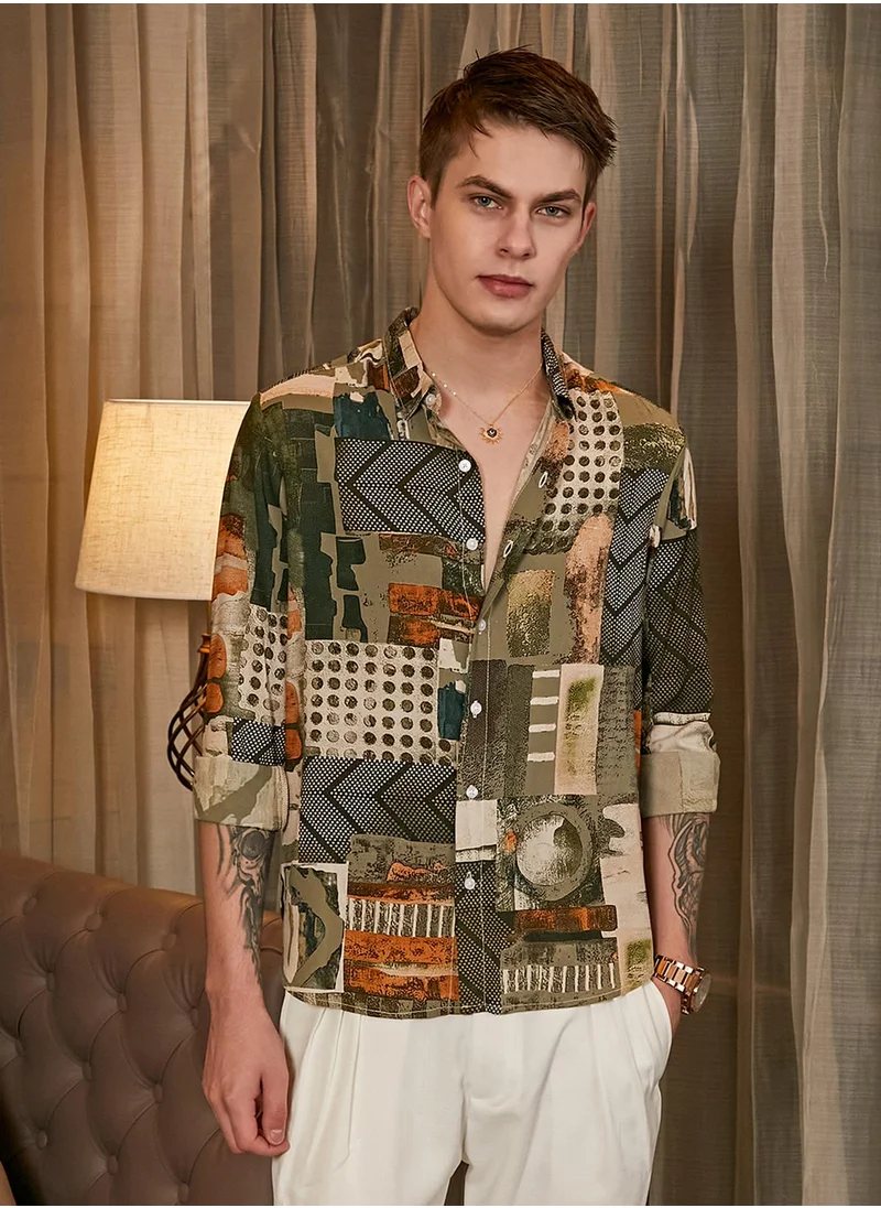 كامبوس سوترا Men's Olive Green & Coffee Brown Earthy-Abstract Shirt