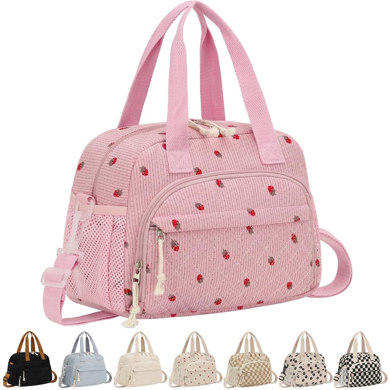 ELONGRIVER Corduroy Insulated Lunch Bag for Women Teen Girls, Portable Adult Lunch Box, Reusable Tote Cooler Bags, Lightweight Womens Lunch Bags with Front Pockets Work Picnic Travel, Pink Strawberry - Image 1