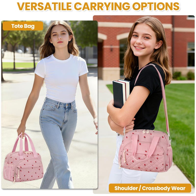 ELONGRIVER Corduroy Insulated Lunch Bag for Women Teen Girls, Portable Adult Lunch Box, Reusable Tote Cooler Bags, Lightweight Womens Lunch Bags with Front Pockets Work Picnic Travel, Pink Strawberry - Image 2