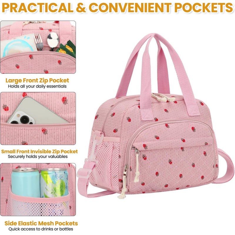 ELONGRIVER Corduroy Insulated Lunch Bag for Women Teen Girls, Portable Adult Lunch Box, Reusable Tote Cooler Bags, Lightweight Womens Lunch Bags with Front Pockets Work Picnic Travel, Pink Strawberry - Image 5