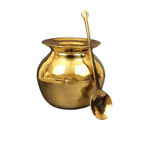 Putrika Traditional Handcrafted Brass Utensil Pongal Pot Set|Cookware|Urli|Heavy Weight Pot with Lid and Ladle|Sankranthi Festival|Inner TIN Coating[NetWeight: 750g]-Pongal Paanai Set-Small - Image 1
