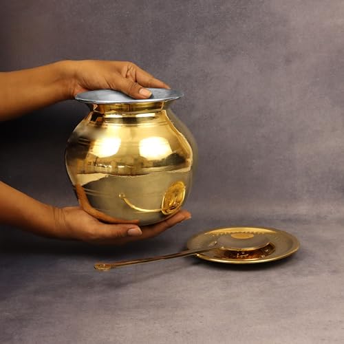 Putrika Traditional Handcrafted Brass Utensil Pongal Pot Set|Cookware|Urli|Heavy Weight Pot with Lid and Ladle|Sankranthi Festival|Inner TIN Coating[NetWeight: 750g]-Pongal Paanai Set-Small - Image 5
