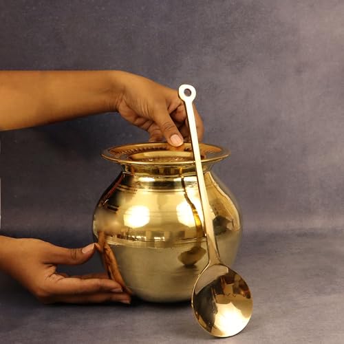 Putrika Traditional Handcrafted Brass Utensil Pongal Pot Set|Cookware|Urli|Heavy Weight Pot with Lid and Ladle|Sankranthi Festival|Inner TIN Coating[NetWeight: 750g]-Pongal Paanai Set-Small - Image 2