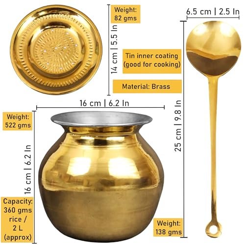Putrika Traditional Handcrafted Brass Utensil Pongal Pot Set|Cookware|Urli|Heavy Weight Pot with Lid and Ladle|Sankranthi Festival|Inner TIN Coating[NetWeight: 750g]-Pongal Paanai Set-Small - Image 4