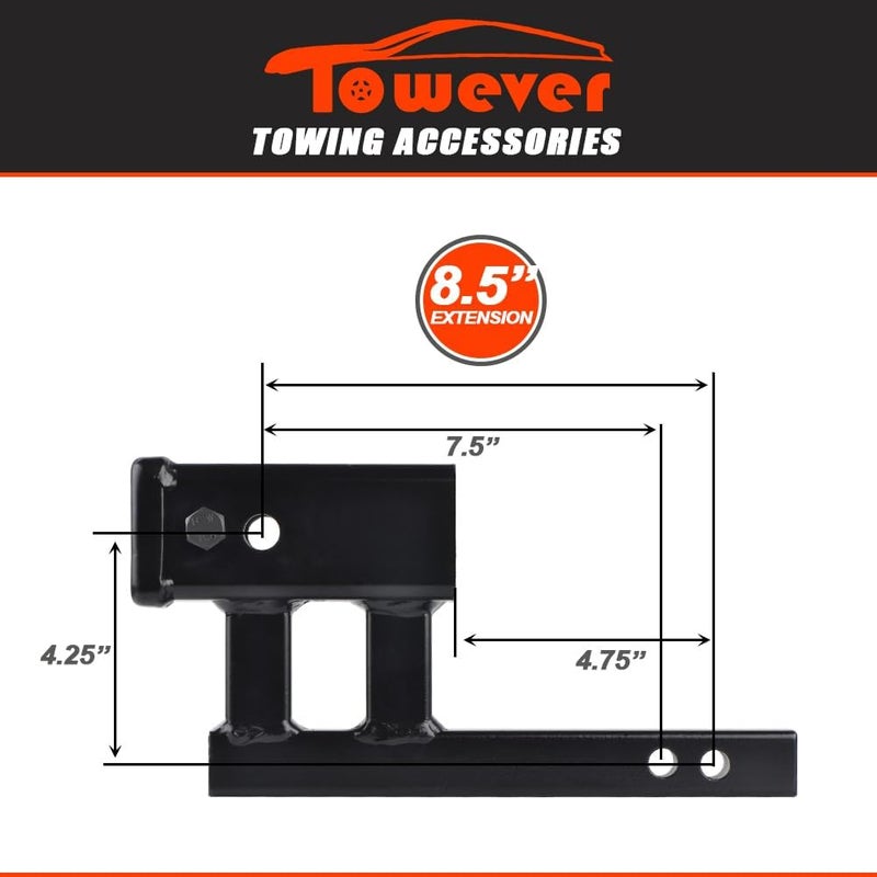 Towever 84125 Hitch Adapter with 4.25" Rise and 7.5" & 8.5" Length for Class I and Class II Receivers - Image 2