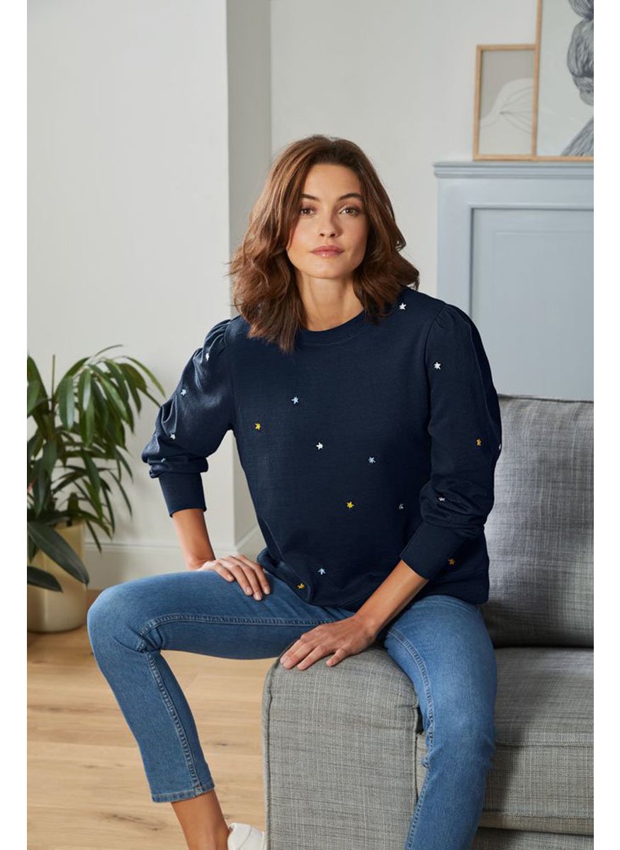Tchibo Women Crew Neck Embroidered Sweatshirt, Navy  - Image 1