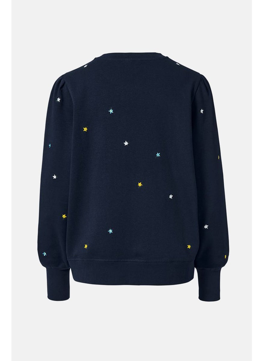 Tchibo Women Crew Neck Embroidered Sweatshirt, Navy  - Image 2
