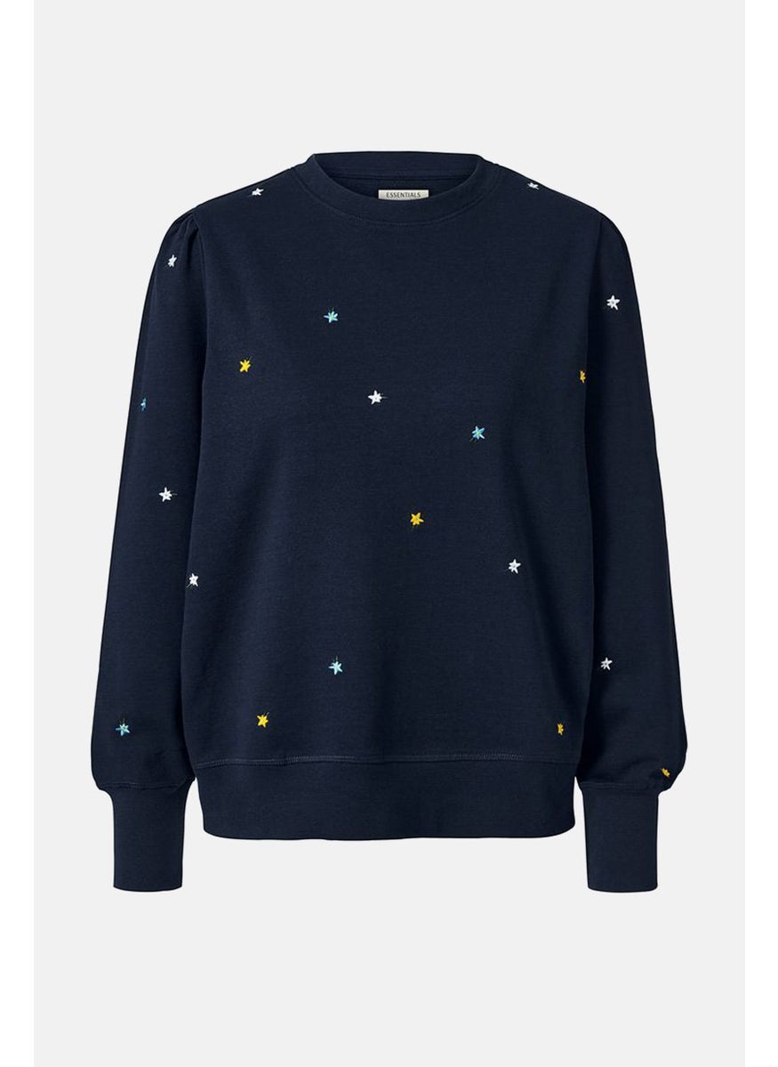 Tchibo Women Crew Neck Embroidered Sweatshirt, Navy  - Image 3