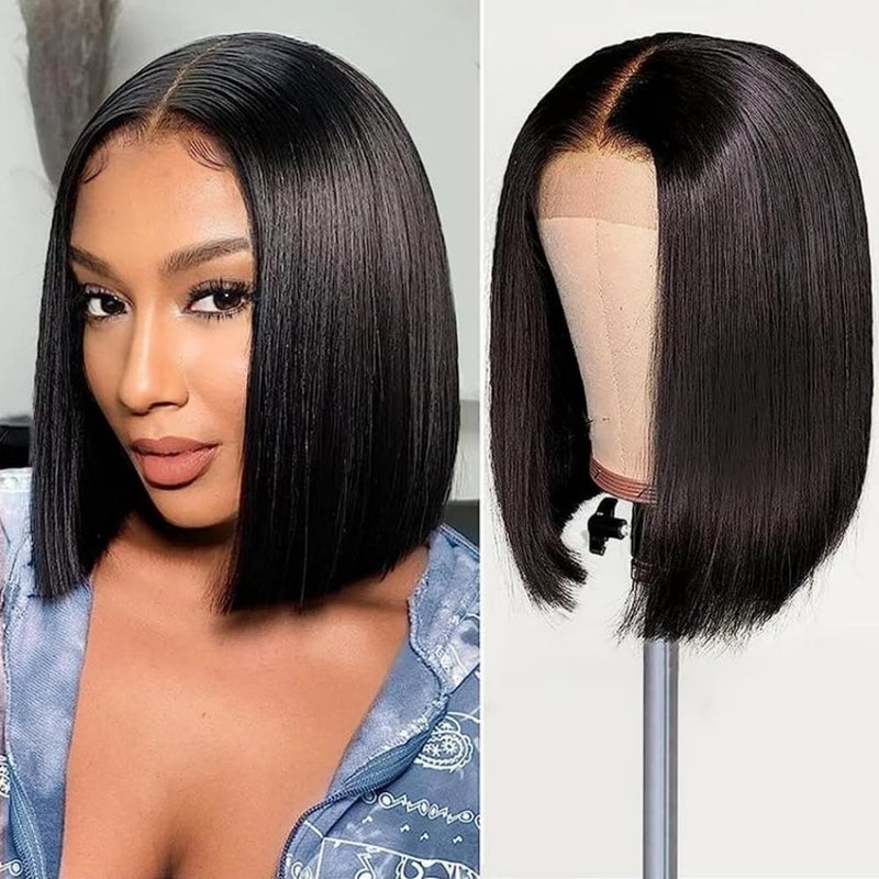 HUIDI Bob Wig Human Hair 13x4 Hd Lace Front Wigs 200 Density 12 Inch Short Straight Bob Frontal Wigs Transparent Lace Pre Plucked with Baby Hair Glueless Wigs Brazilian Virgin Hair for Women Natural Black - Image 1