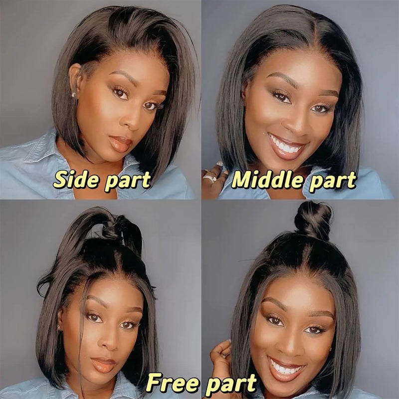 HUIDI Bob Wig Human Hair 13x4 Hd Lace Front Wigs 200 Density 12 Inch Short Straight Bob Frontal Wigs Transparent Lace Pre Plucked with Baby Hair Glueless Wigs Brazilian Virgin Hair for Women Natural Black - Image 4