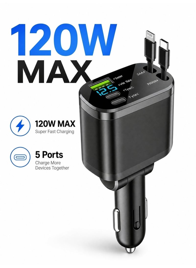 Erazer 120W Car Charger, 5-In-1 USB Pd Car Charger Type C Fast Charging, Retractable Cable (31.5 Inch) And 2 Usb Ports Car Charger Adapter Type-C & Lightning Cables Compatible With Iphone 16/15/14/13/12 Pro Max Xr, Ipad, Pixel - Image 1