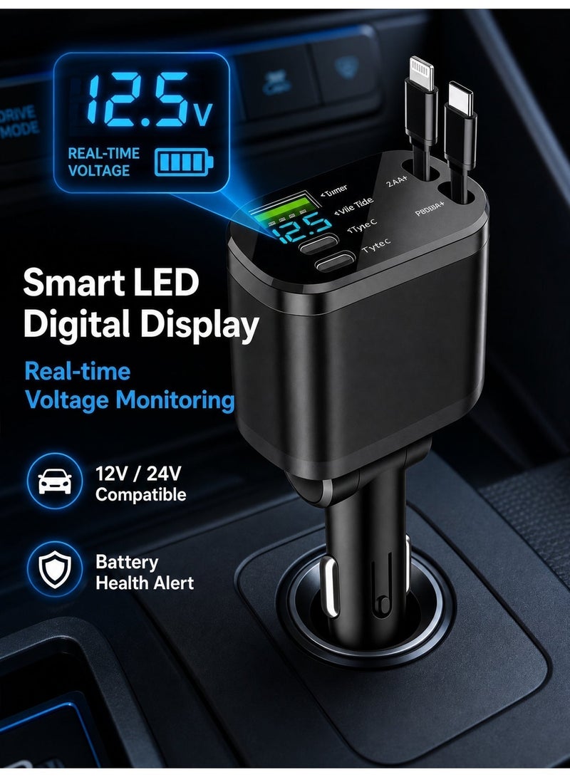 Erazer 120W Car Charger, 5-In-1 USB Pd Car Charger Type C Fast Charging, Retractable Cable (31.5 Inch) And 2 Usb Ports Car Charger Adapter Type-C & Lightning Cables Compatible With Iphone 16/15/14/13/12 Pro Max Xr, Ipad, Pixel - Image 3