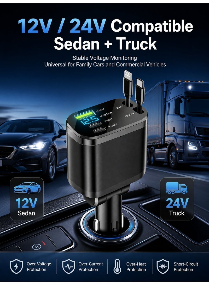 Erazer 120W Car Charger, 5-In-1 USB Pd Car Charger Type C Fast Charging, Retractable Cable (31.5 Inch) And 2 Usb Ports Car Charger Adapter Type-C & Lightning Cables Compatible With Iphone 16/15/14/13/12 Pro Max Xr, Ipad, Pixel - Image 4