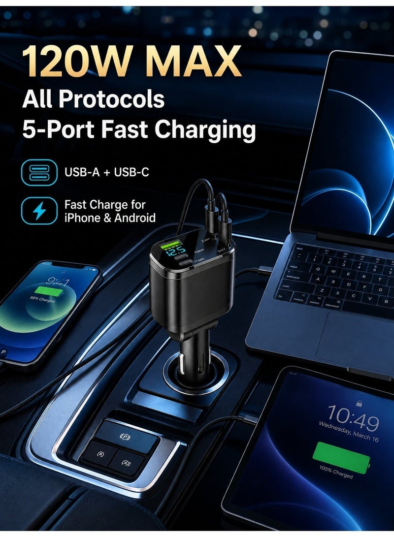 Erazer 120W Car Charger, 5-In-1 USB Pd Car Charger Type C Fast Charging, Retractable Cable (31.5 Inch) And 2 Usb Ports Car Charger Adapter Type-C & Lightning Cables Compatible With Iphone 16/15/14/13/12 Pro Max Xr, Ipad, Pixel - Image 2
