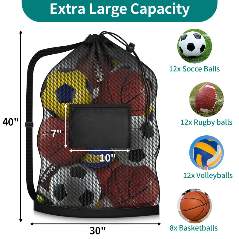 Hoiny Extra Large Soccer Ball Bag, 40" x 30" Drawstring Mesh Ball Bag with Pocket, Heavy Duty Sport Net Sack for Coaches, Storage Bag for Basketball, Volleyball, Gym Equipment, Swimming Gear (1) - Image 2
