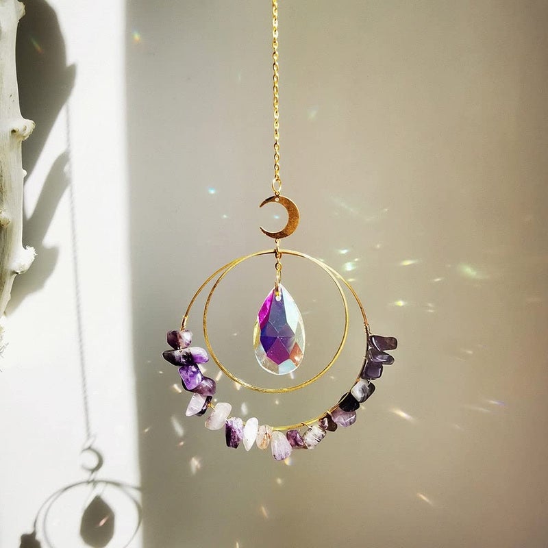 Cactopia Crystal Chips Round Suncatcher Prism Effect for Gifts, Window Hanging Ornament & Boho Garden Decor (Amethyst) - Image 1