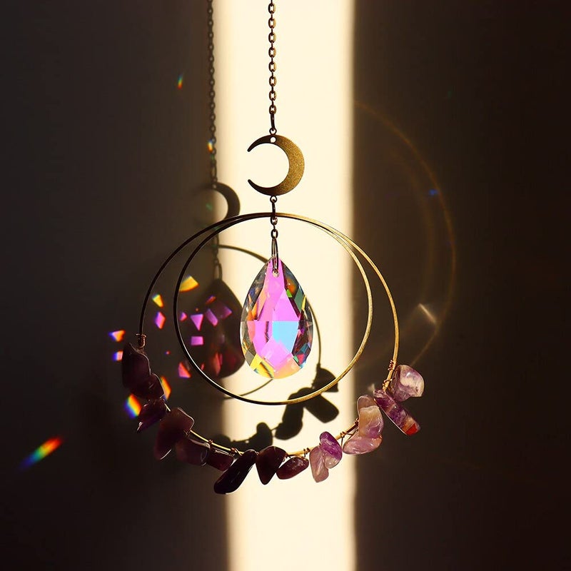 Cactopia Crystal Chips Round Suncatcher Prism Effect for Gifts, Window Hanging Ornament & Boho Garden Decor (Amethyst) - Image 2