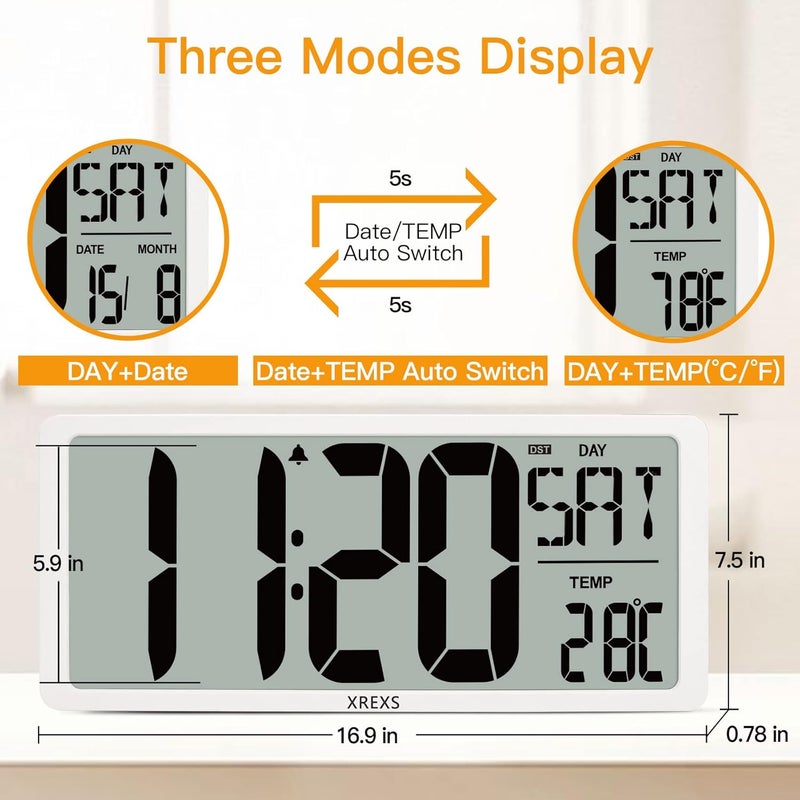 XREXS Extra Large Digital Wall Clock with Backlight, 18 Inch Wall Digital Clock with Day/Calendar/Temperature, Count Up & Down Timer, Clocks for Living Room, Office (Batteries Included) - Image 3