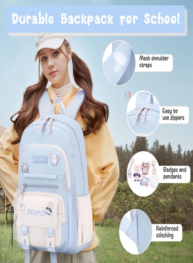 Climberty Cotton Girls School Backpack Kawaii Blue School Book Bag Multi Compartment 15.6 Inches Travel Backpack School Bag For Girls 6-12 Years Old Birthday Gift Christmas Gift, 32X15X45Cm - Image 2