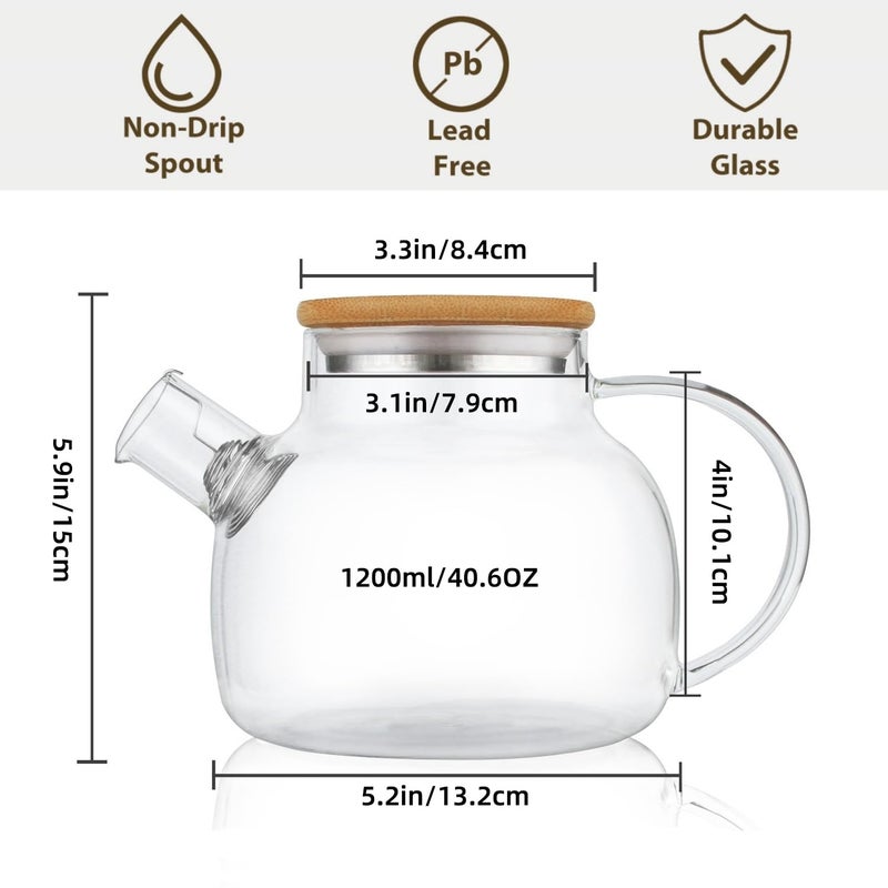 CnGlass Glass Teapot Stovetop Safe,40.6oz Clear Tea pot with Removable Filter Spout,Loose Leaf and Blooming Tea Maker - Image 2