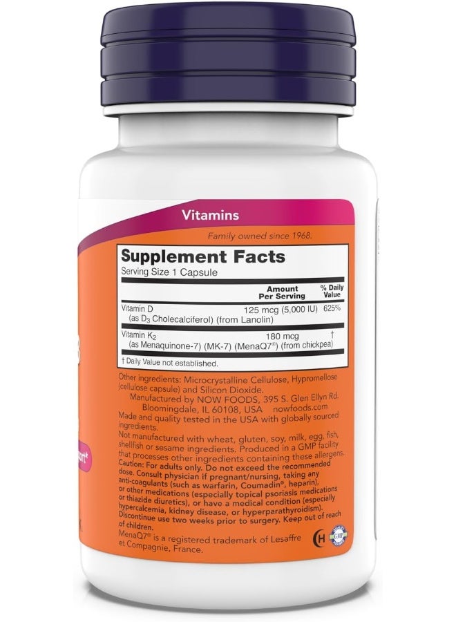 NOW Supplements, Mega D-3 & MK-7, 5000 IU / 180 mcg, Bone & Cardiovascular Support*, Vitamins K-3 & K-2, 180 Capsules - Image 2