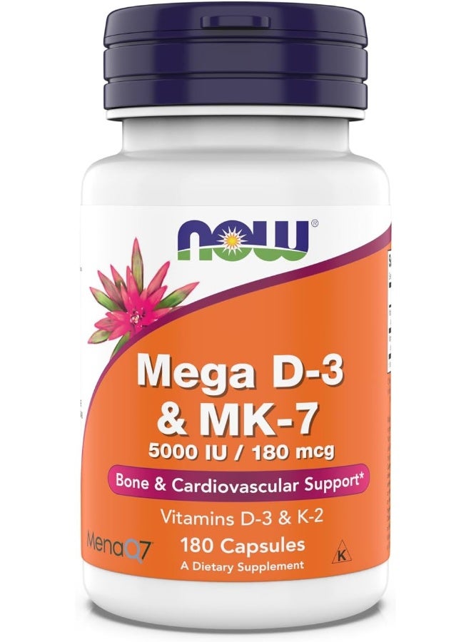 NOW Supplements, Mega D-3 & MK-7, 5000 IU / 180 mcg, Bone & Cardiovascular Support*, Vitamins K-3 & K-2, 180 Capsules - Image 1