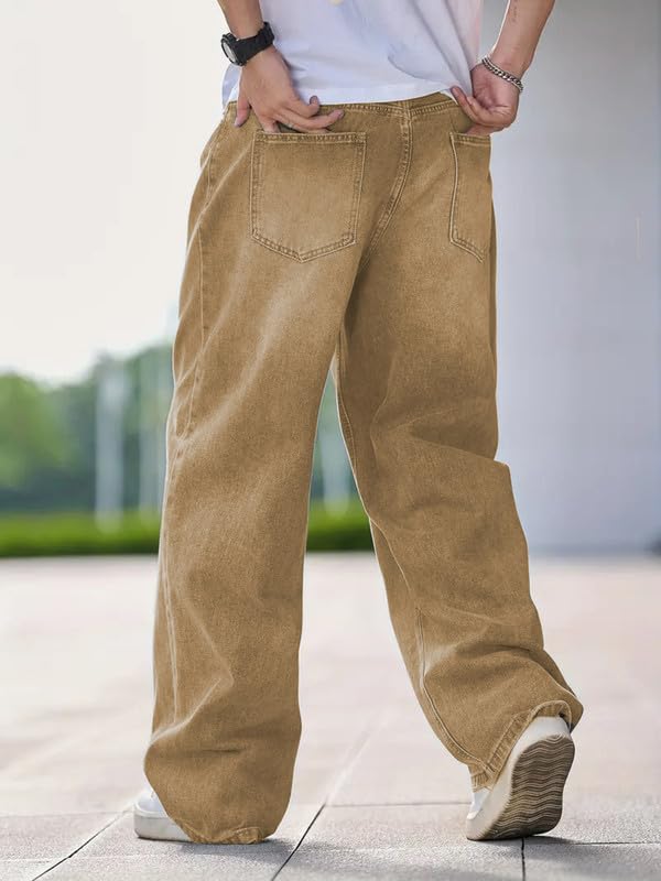 Waltz Men's High Waist Stretchable Oversized Baggy Loose Relax Fit Wide Leg Boy Friend Casual Denim Jeans Pant for Men, Size 34 Khaki - Image 3