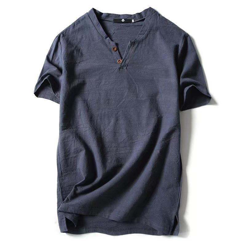 Factory Hair 2023 Summer Japanese Thin Linen Short-sleeved T-shirt Men''s Loose Large Size Solid Color Cotton Linen T-shirt - Image 1