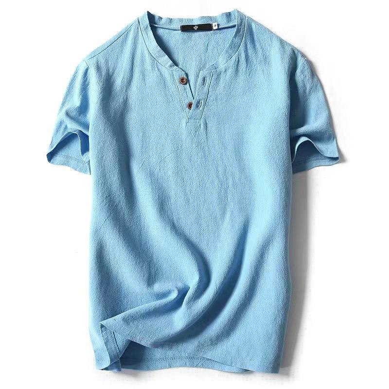 Factory Hair 2023 Summer Japanese Thin Linen Short-sleeved T-shirt Men''s Loose Large Size Solid Color Cotton Linen T-shirt - Image 3