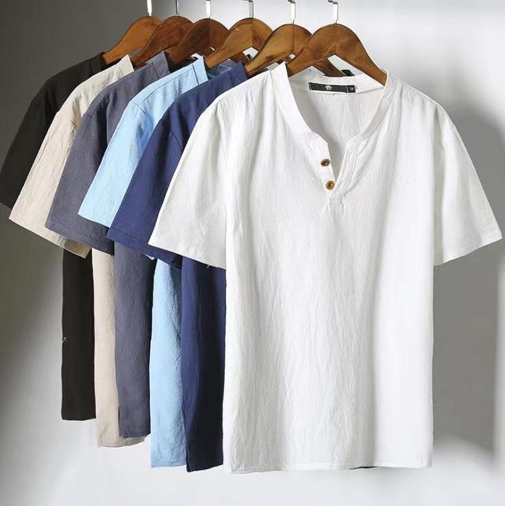 Factory Hair 2023 Summer Japanese Thin Linen Short-sleeved T-shirt Men''s Loose Large Size Solid Color Cotton Linen T-shirt - Image 2