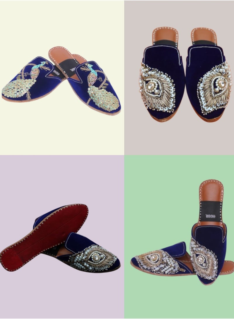 آيات صندل AYAT نسائي مصنوع يدويًا، مخمل أزرق مغلق من الأمام بتصميمات فضية وذهبية، صندل مطلي يدويًا، سهل الارتداء في المناسبات والاستخدام اليومي - Image 5